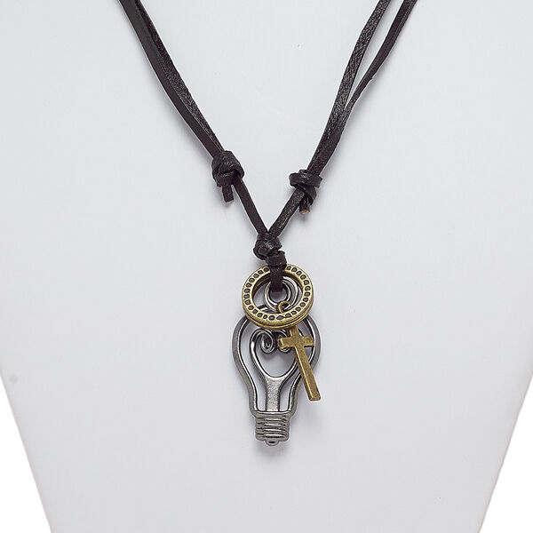Necklace, leather (dyed) / antique "pewter" (zinc-based alloy) / antique brass-plated steel / "pewter" (zinc-based alloy), black, 2-inch dangle with 20mm ring / 26x11mm cross / 39x24mm light bulb, adjustable from 16-32 inches with knot closure. Sold individually. image number 0