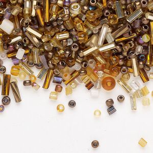 Seed bead and bugle bead mix 1pkg1 glass, topaz peacock, #11 to #8 round / 3x2mm-8x2mm tube, 50g