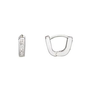 Bail, Czech glass rhinestone and silver-plated brass, clear, 10x3mm single-sided hinged oval, 7mm grip length. Sold per pkg of 2.