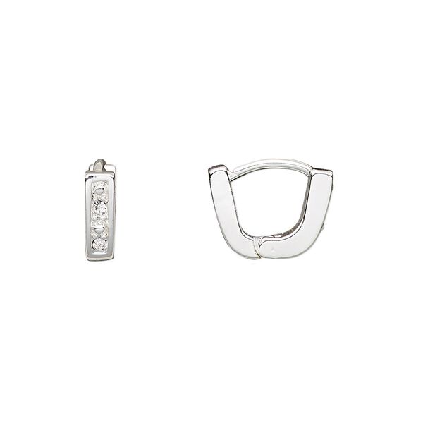 Bail, Czech glass rhinestone and silver-plated brass, clear, 10x3mm single-sided hinged oval, 7mm grip length. Sold per pkg of 2. image number 0