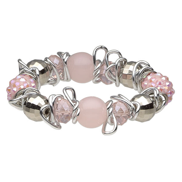 Bracelet, stretch, glass / polymer clay / aluminum / silver-coated acrylic / pewter (tin-based alloy), pink, 18mm wide with rondelle, 6 inches. Sold individually. image number 0