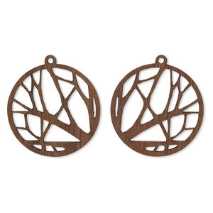 Drop, wood (natural), 25mm single-sided left- and right-facing flat round with cutout branches design. Sold per pkg of 2.