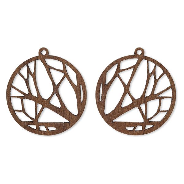 Drop, wood (natural), 25mm single-sided left- and right-facing flat round with cutout branches design. Sold per pkg of 2. image number 0