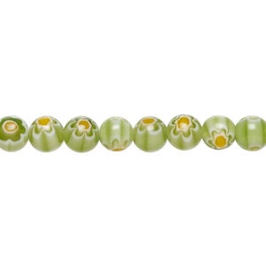 Bead, millefiori glass 1pkg1, translucent green / orange / white, 6mm round, 15 inches.