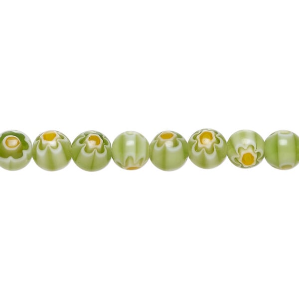 Bead, millefiori glass 1pkg1, translucent green / orange / white, 6mm round, 15 inches. image number 0