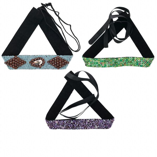 Belt mix, velvet / plastic / Strawberry conch shell / nylon cord / wood / ribbon, assorted colors, 69 to 70 inches with tie closure. Sold per pkg of 3. image number 0