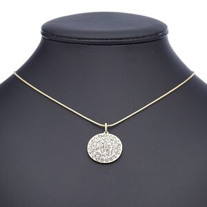 Necklace, glass rhinestone with gold-finished steel and "pewter" (zinc-based alloy), clear, 26mm round, 18 inches with 2-inch extender chain and lobster claw clasp. Sold individually.