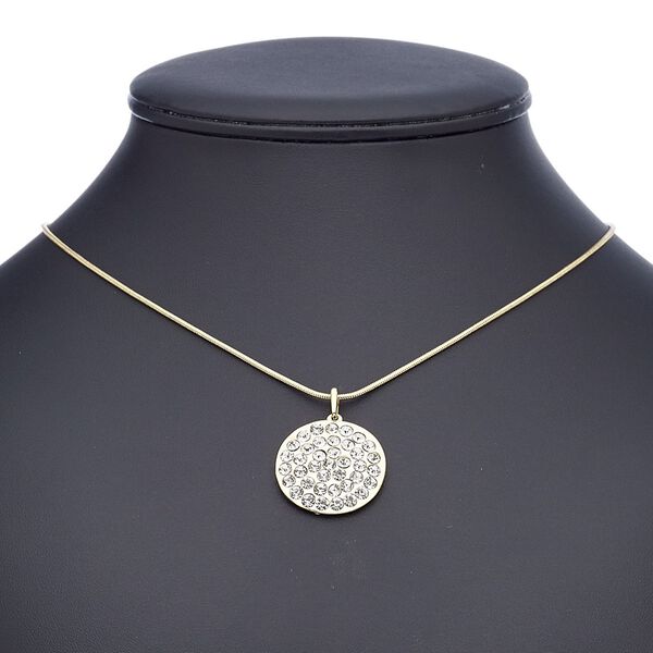 Necklace, glass rhinestone with gold-finished steel and "pewter" (zinc-based alloy), clear, 26mm round, 18 inches with 2-inch extender chain and lobster claw clasp. Sold individually. image number 0