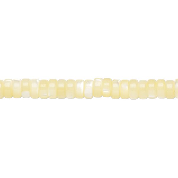 Bead, mother-of-pearl shell (dyed), yellow, 5x2mm heishi, Mohs hardness 3-1/2. Sold per 15-1/2 to 16-inch strand. image number 0