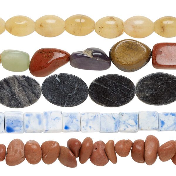 Bead mix, glass and multi-gemstone (natural / dyed / stabilized / heated / irradiated / man-made / imitation), mixed colors, 10x7mm-25x19mm mixed shapes with 0.4-1.4mm hole, Mohs hardness 3 to 7. Sold per pkg of (5) 15-inch strands. image number 0