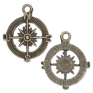 Charm, antique brass-plated "pewter" (zinc-based alloy), 25x25mm single-sided compass rose. Sold per pkg of 4.