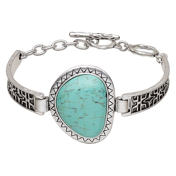 Bracelet, "turquoise" (imitation) resin with antique silver-plated steel and "pewter" (zinc-based alloy), blue, 35mm wide with 35x32x26mm triangle, 6 to 6-1/2 inches with toggle clasp. Sold individually. image number 0