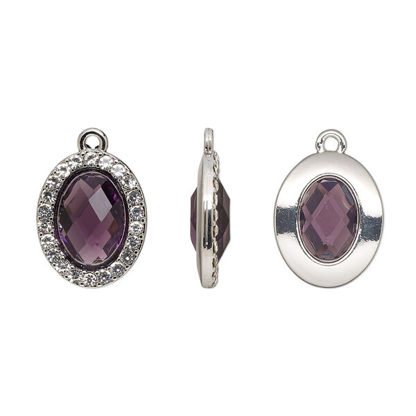 Drop, glass / glass rhinestone / imitation rhodium-finished "pewter" (zinc-based alloy), clear and transparent amethyst purple, 19x15.5mm single-sided oval. Sold per pkg of 2. image number 0