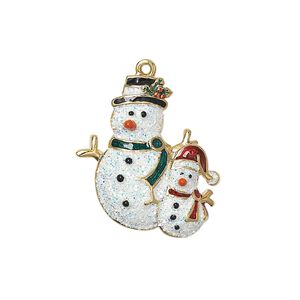 Charm, enamel and gold-finished "pewter" (zinc-based alloy), multicolored with glitter, 23x21.5mm single-sided two snowmen. Sold individually.