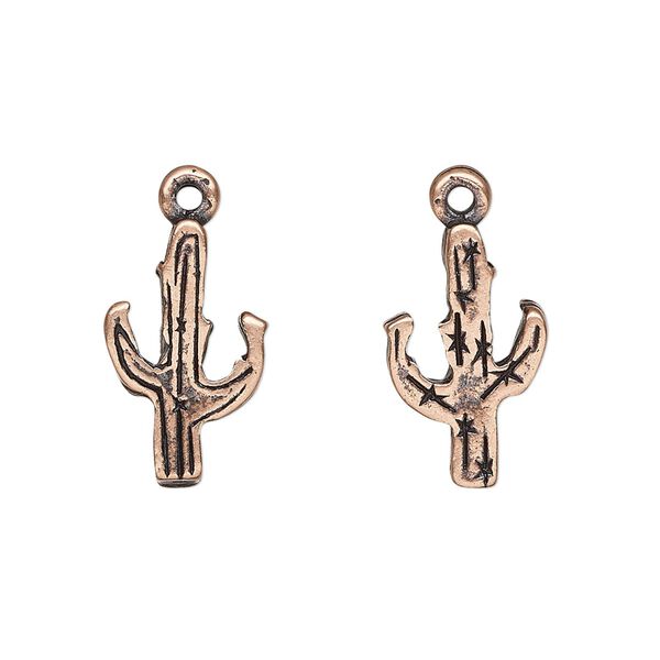 Charm, antique copper-plated pewter (tin-based alloy), 17.5x11mm double-sided cactus. Sold per pkg of 2. image number 0