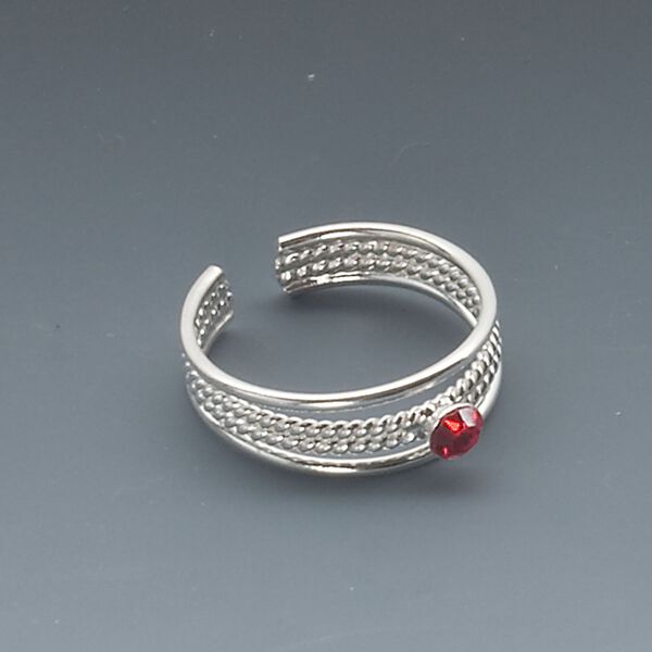 Toe ring, sterling silver and crystal, light Siam, 5mm wide with braided design, adjustable. Sold individually. image number 0