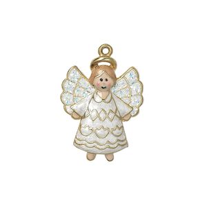 Charm, enamel and gold-finished "pewter" (zinc-based alloy), multicolored with glitter, 23x18mm single-sided angel. Sold individually.