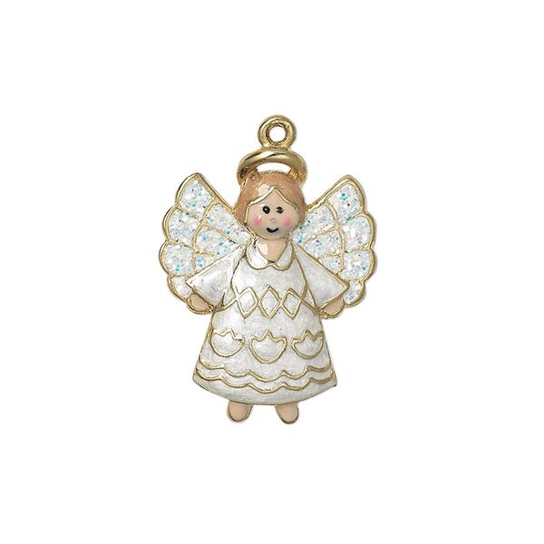 Charm, enamel and gold-finished "pewter" (zinc-based alloy), multicolored with glitter, 23x18mm single-sided angel. Sold individually. image number 0