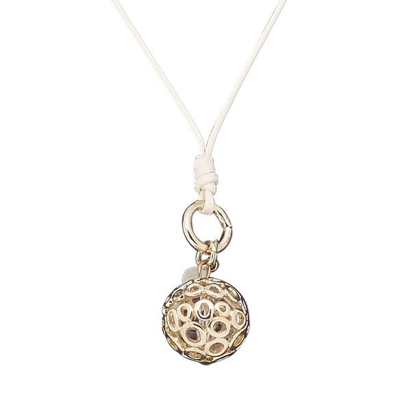 Necklace, glass / waxed cotton cord / gold-finished steel / "pewter" (zinc-based alloy), white and clear, 18mm round, 20 inches with 2-inch extender chain and lobster claw clasp. Sold individually. image number 0