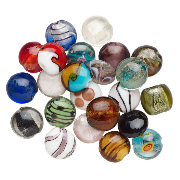 Bead mix, lampworked glass, pkg/4 ounces, opaque to transparent mixed colors with silver-colored foil and copper-colored glitter, 16-22mm puffed flat round. image number 0
