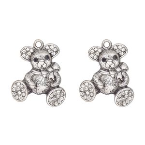 Charm, antique silver-finished "pewter" (zinc-based alloy) and glass, clear and black, 26x22mm single-sided teddy bear. Sold per pkg of 2.