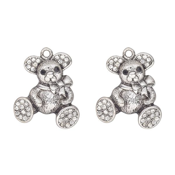 Charm, antique silver-finished "pewter" (zinc-based alloy) and glass, clear and black, 26x22mm single-sided teddy bear. Sold per pkg of 2. image number 0