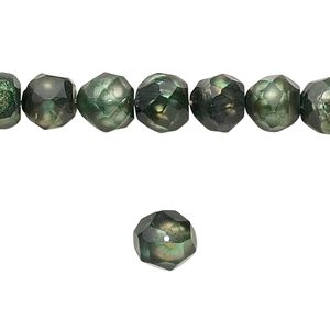 Pearl, cultured freshwater (dyed), olive green, 9-10mm faceted semi-round, C- grade, Mohs hardness 2-1/2 to 4 Sold per 16-inch strand.