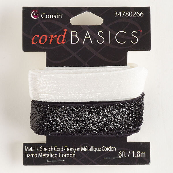 Cord, elastic, black and white sparkle, 16mm flat. Sold per pkg of (2) 3-foot sections. image number 0