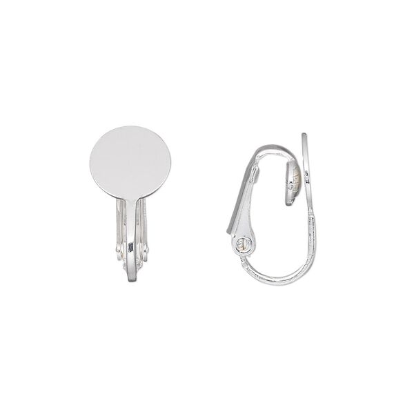 Earring clip-on 1pkg10 silver-plated, 18mm / 9mm round flat pad setting, steel 5 pair image number 0