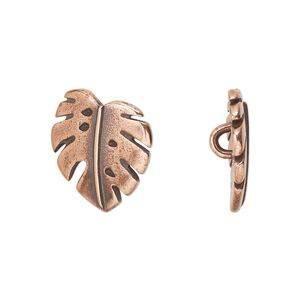 Button, TierraCast®, antique copper-plated pewter (tin-based alloy), 15x13.5mm monstera leaf with closed loop. Sold per pkg of 20.