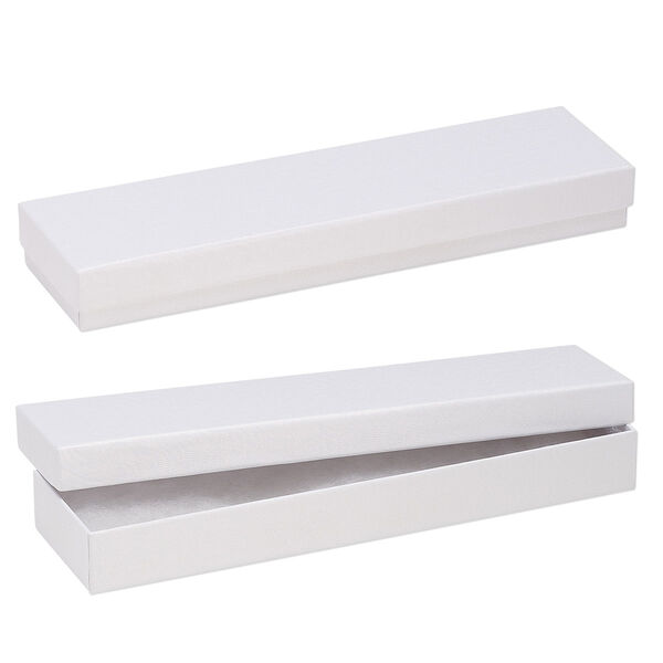 Box, paper, "cotton"-filled, white, 8-1/8 x 1-7/8 x 7/8 inch textured rectangle. Sold per pkg of 10. image number 0
