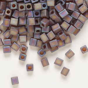 Seed bead, Miyuki 1pkg10g, glass, 3.5-3.7mm square, translucent frosted rainbow dark topaz (SB-134FR)