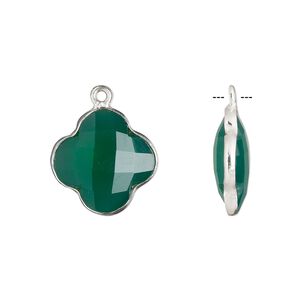 Drop, green onyx (dyed) and sterling silver, green, 16-17mm hand-cut double-sided faceted clover. Sold individually.