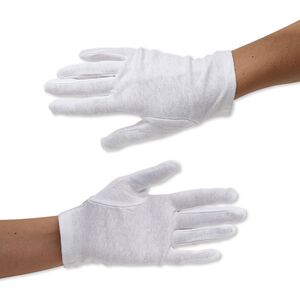 Gloves, cotton and spandex, white, small. Sold per pkg of 12 pairs.