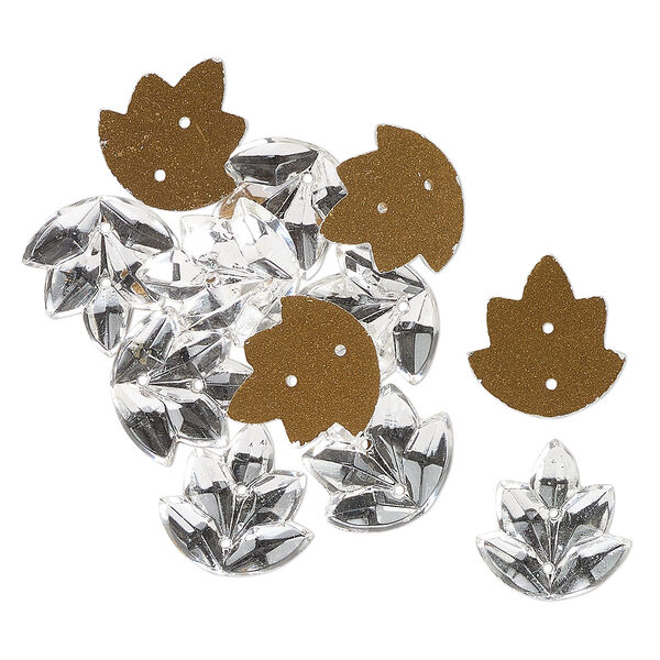 Clasp, 2-strand button, vintage glass, opaque clear, foil back, 13mm leaf. Sold per pkg of 12. image number 0