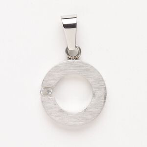 Pendant, steel and cubic zirconia, pkg/1, 25mm open round, silver finish and clear.