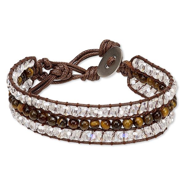 Bracelet, tigereye (natural) / waxed cotton cord / glass / stainless steel, clear AB and brown, 18mm wide, adjustable from 6-8 inches with button clasp. Sold individually. image number 0