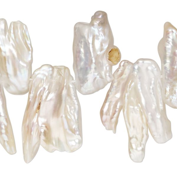 Pearl, cultured freshwater pearl (dyed), peach and silver, 15x10-37x20mm top-drilled double stick, C- grade, Mohs hardness 2-1/2 to 4. Sold per 8-inch strand. image number 0