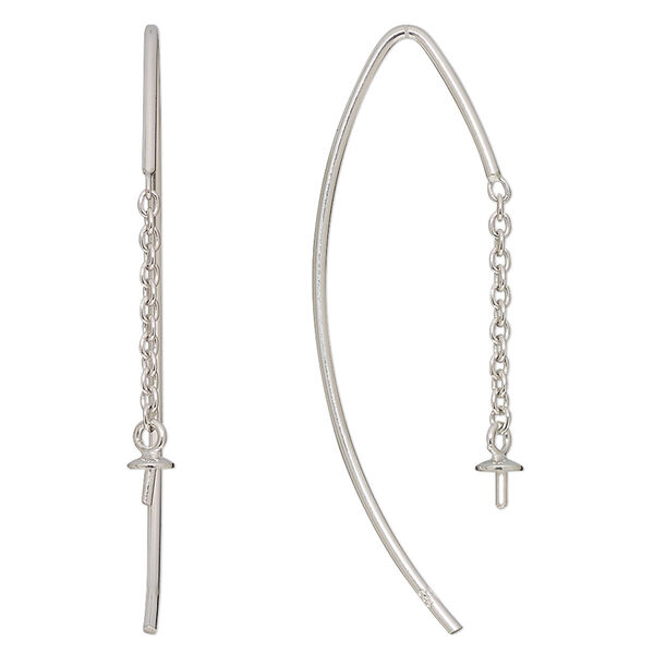 Ear wire, sterling silver, 32mm marquise with 3mm cup and 2.5mm peg, 19 gauge, fits 6mm half-drilled bead. Sold per pair. image number 0