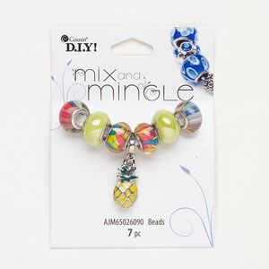 Glass / brass / enamel 1pkg7, large-hole rondelle / charm assortment multicolored / silver-finished 14x9mm-15x11mm / 22mm