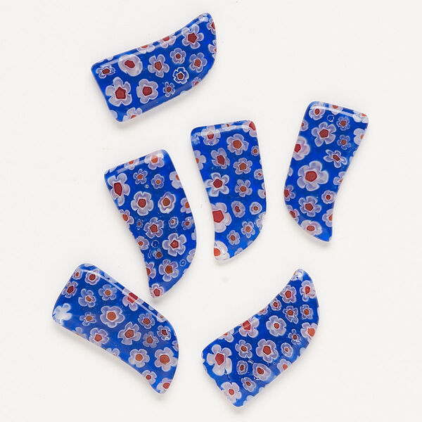 Component, millefiori glass, translucent cobalt blue / white / red, 24x12mm-28x14mm undrilled talon. Sold per pkg of 6. image number 0