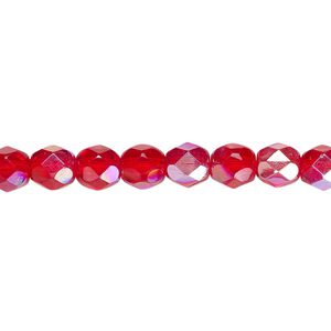 Bead, Czech fire-polished glass, translucent light red AB, 6mm faceted round. Sold per pkg of 1,200 (1 mass).