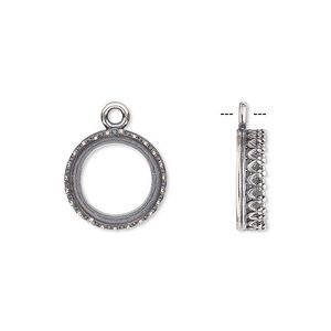 Drop, JBB Findings, antique silver-plated brass, 13.5mm round with open back and decorative trim, 12mm round bezel setting. Sold per pkg of 2.