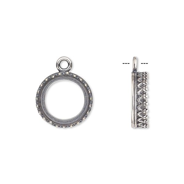 Drop, JBB Findings, antique silver-plated brass, 13.5mm round with open back and decorative trim, 12mm round bezel setting. Sold per pkg of 2. image number 0