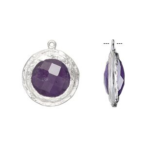 Drop, amethyst (natural) and sterling silver, 17mm double-sided faceted round with hammered edge. Sold individually.