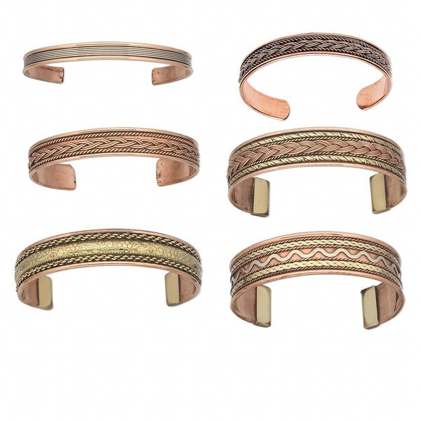 Bracelet, cuff, copper and brass, assorted patterns, 7-8 inches. Sold per pkg of 6. image number 0