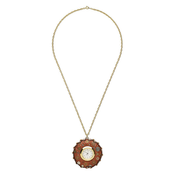 Circle of Hope necklace, polymer clay and gold-plated brass, multicolored, 60mm round with watch face, 23 inches with springring clasp. Only one available. image number 0