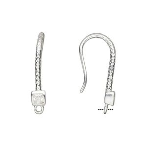Ear wire fishhook 1pkg2 sterling silver / cubic zirconia, 24mm textured / 4mm faceted square / closed loop, 15 gauge clear 1 pair