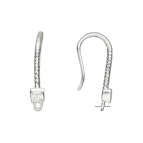 Ear wire fishhook 1pkg2 sterling silver / cubic zirconia, 24mm textured / 4mm faceted square / closed loop, 15 gauge clear 1 pair image number 0