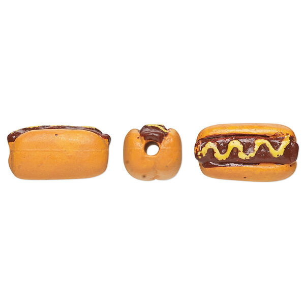 Bead, painted and glazed ceramic, light brown / dark brown / yellow, 13x7mm 3D hot dog. Sold per pkg of 2. image number 0